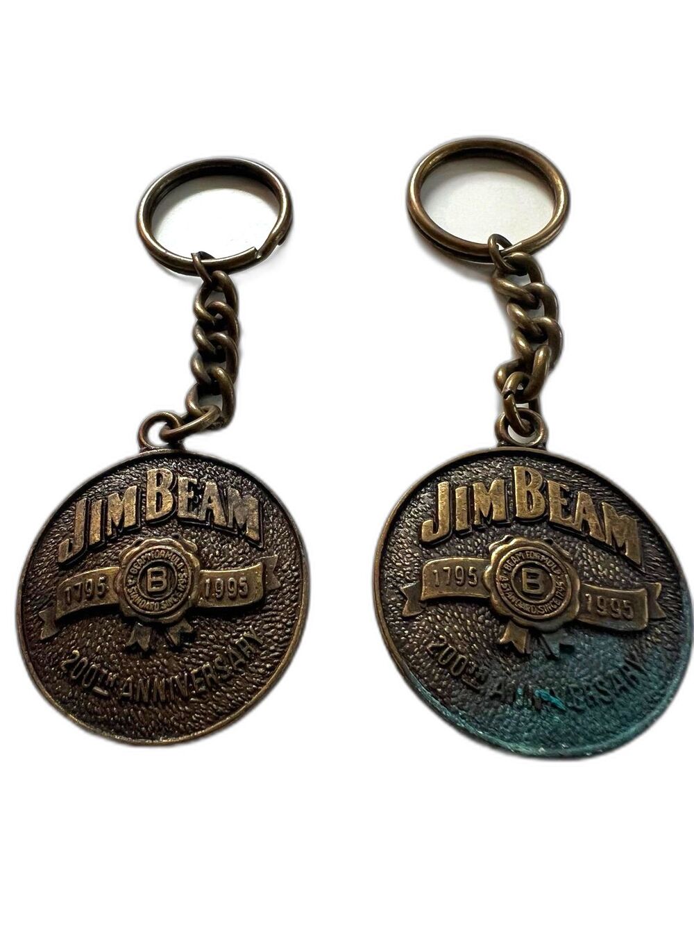 2 Vintage Jim Beam Bourbon 200th Anniversary 1795 - 1995 Brass Novelty Keychains